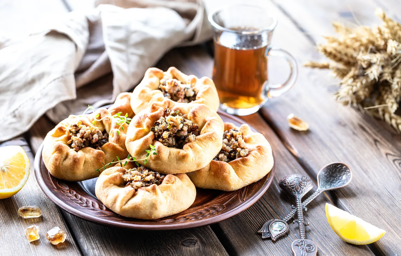 Photo wallpaper tea, plate, pie, Cup, cakes, filling, Karina Klachuk