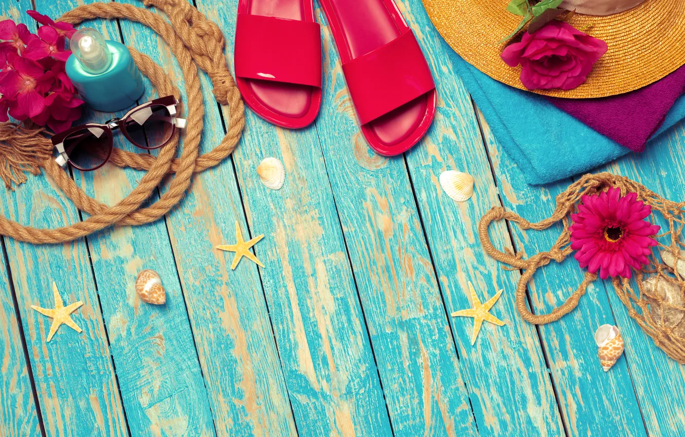 Photo wallpaper beach, summer, stars, shell, summer, beach, vacation, wood