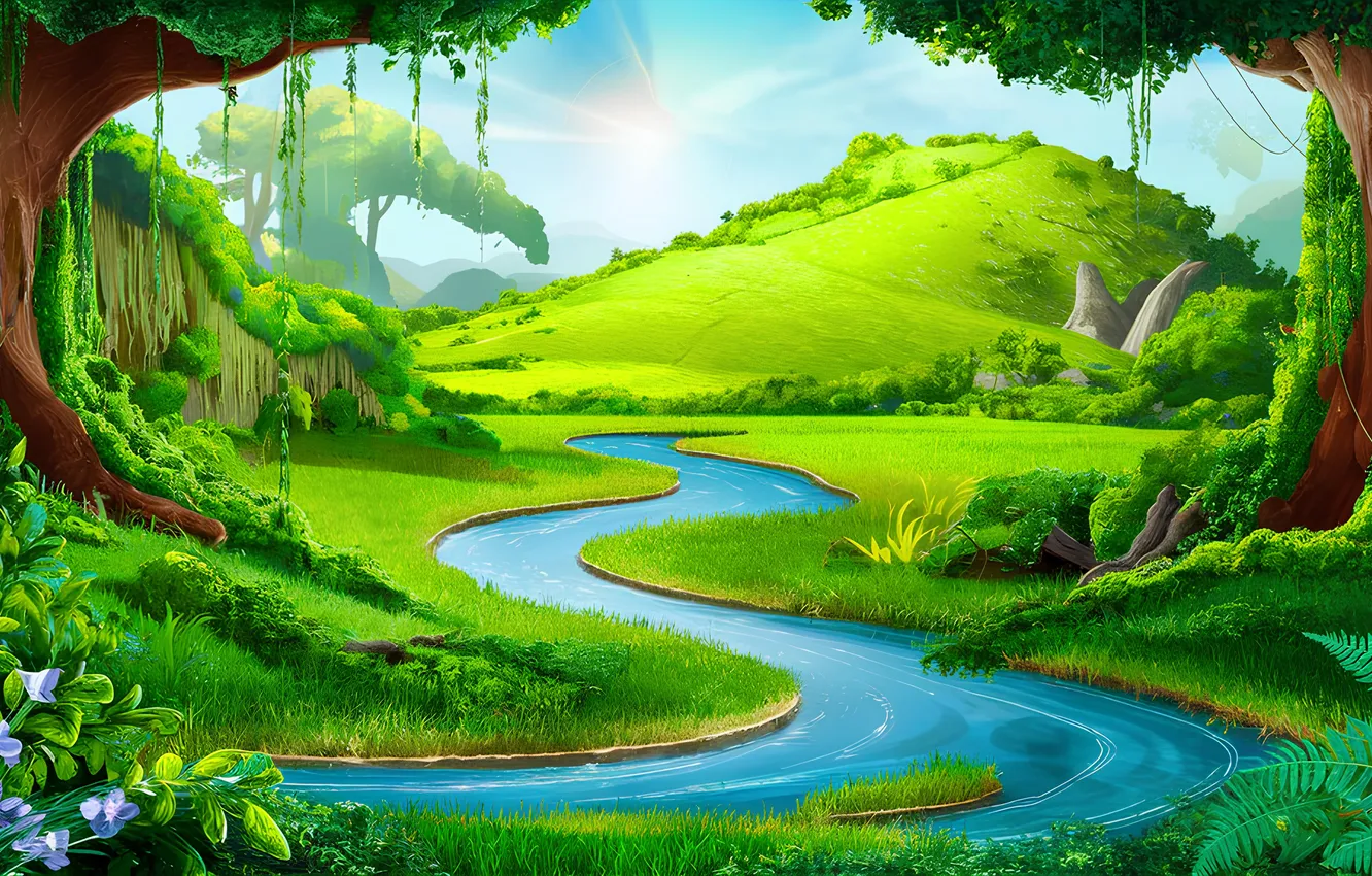 Photo wallpaper grass, landscape, calm, clouds, backgrounds, digital art, greenery, environment