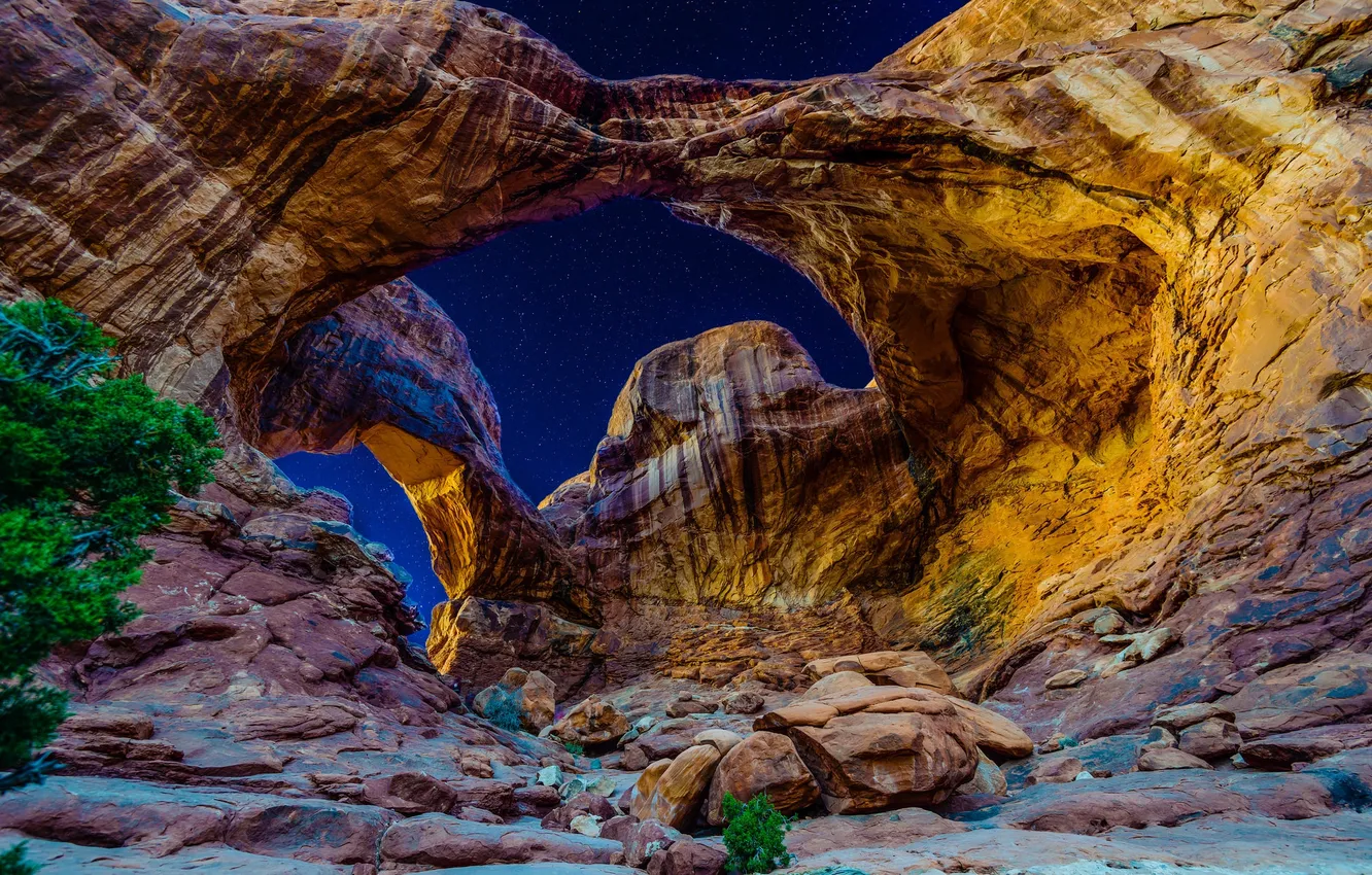 Photo wallpaper the sky, stars, light, mountains, night, arch, Utah, USA