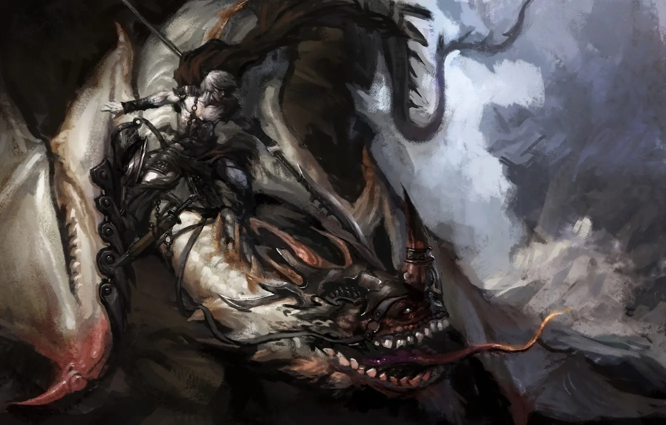 Photo wallpaper wings, monster, art, mouth, rider, spear