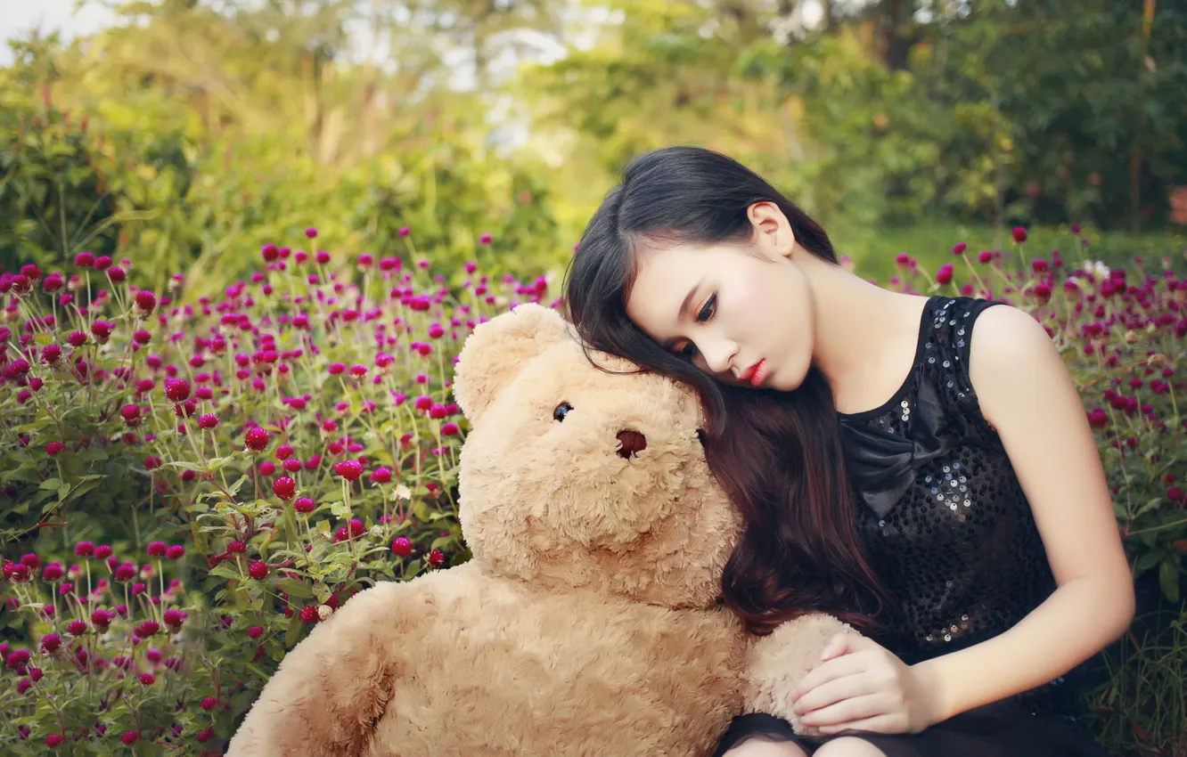 Photo wallpaper girl, bear, Asian