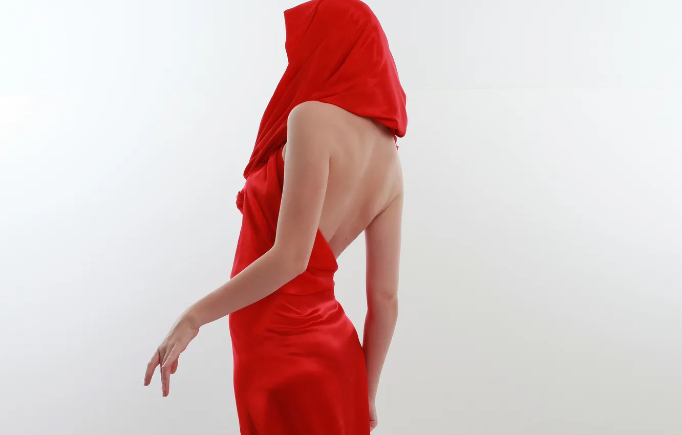 Photo wallpaper girl, red, background, back, hands, fabric
