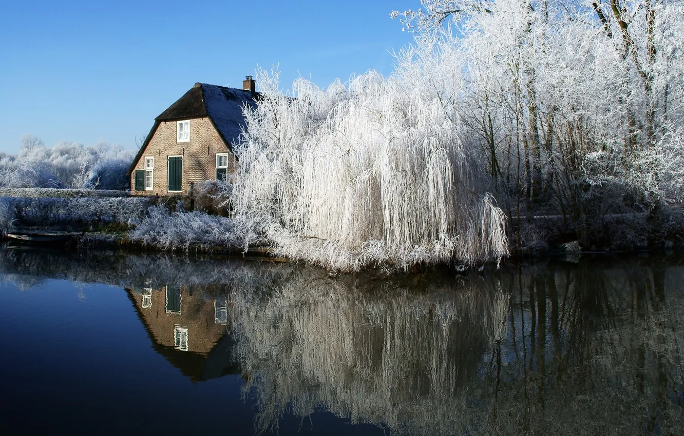 Photo wallpaper winter, trees, nature, lake, house, photo