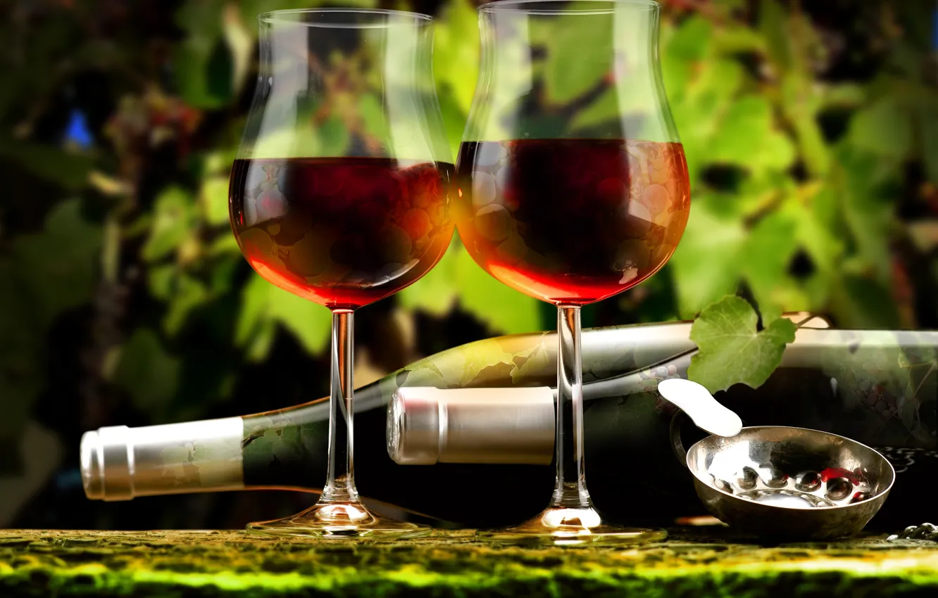 Photo wallpaper leaves, wine, red, glasses, bottle