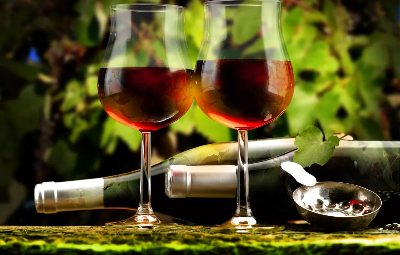 Photo wallpaper leaves, red, wine, glass, bottle