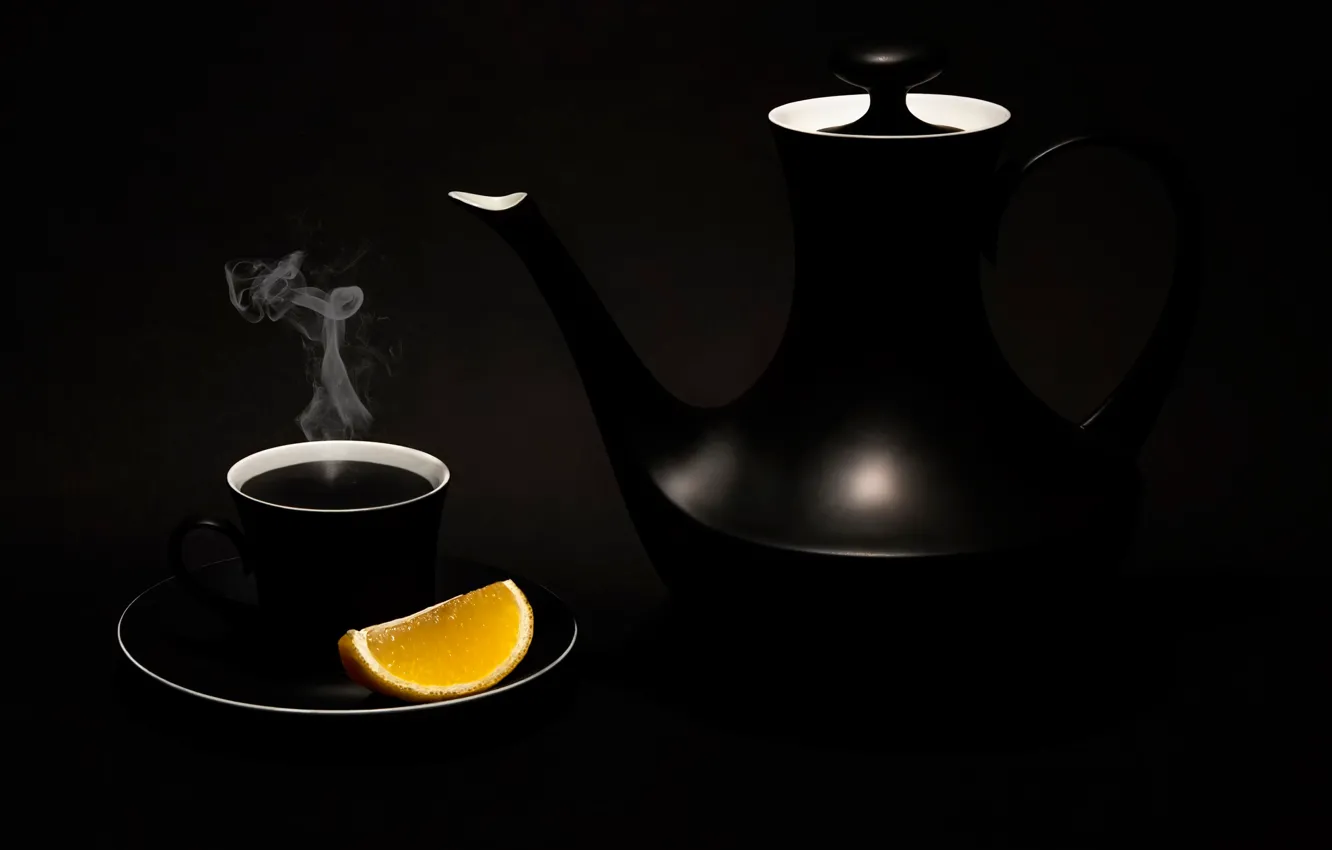 Photo wallpaper lemon, kettle, Cup, Black tea