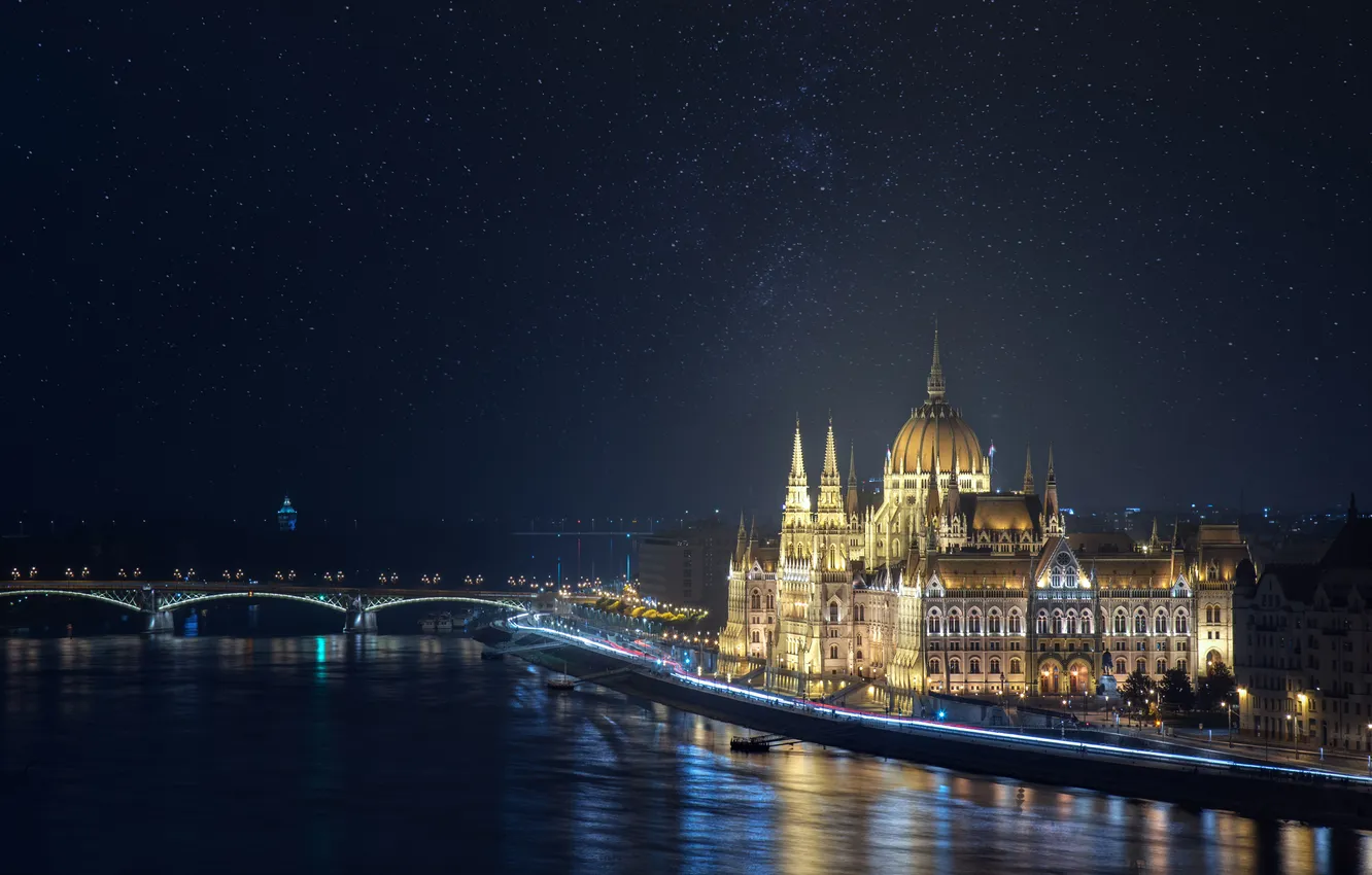 Photo wallpaper Danube River, bridge, Parliament of Budapest, architecture, night city, The Hungarian Parliament building, Hungarian Parliament …