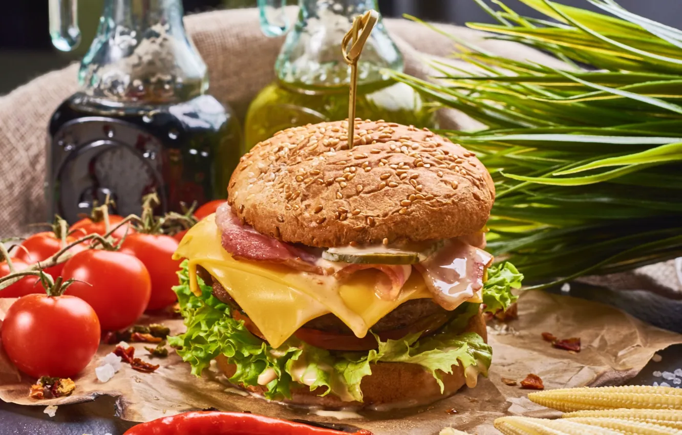 Photo wallpaper cheese, tomatoes, cheeseburger, Burger