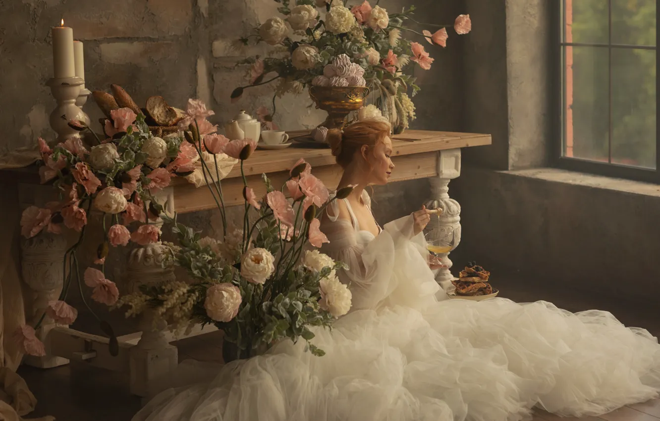 Photo wallpaper girl, light, flowers, pose, berries, table, room, wall