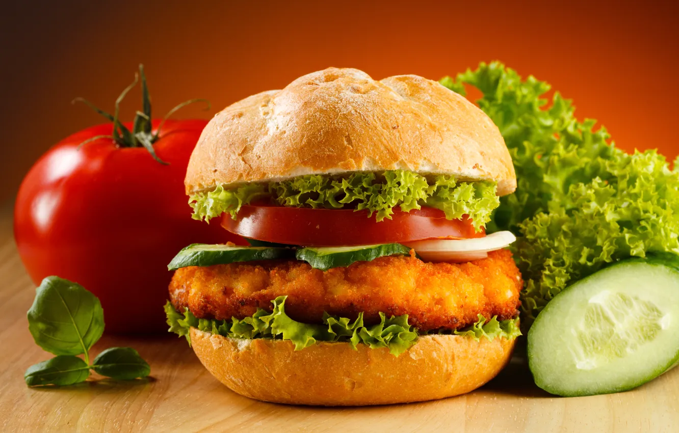 Photo wallpaper tomatoes, hamburger, cucumbers, fast food