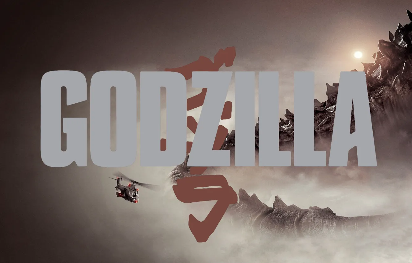 Photo wallpaper the film, tail, helicopter, poster, movie, Godzilla, 2014, Godzilla