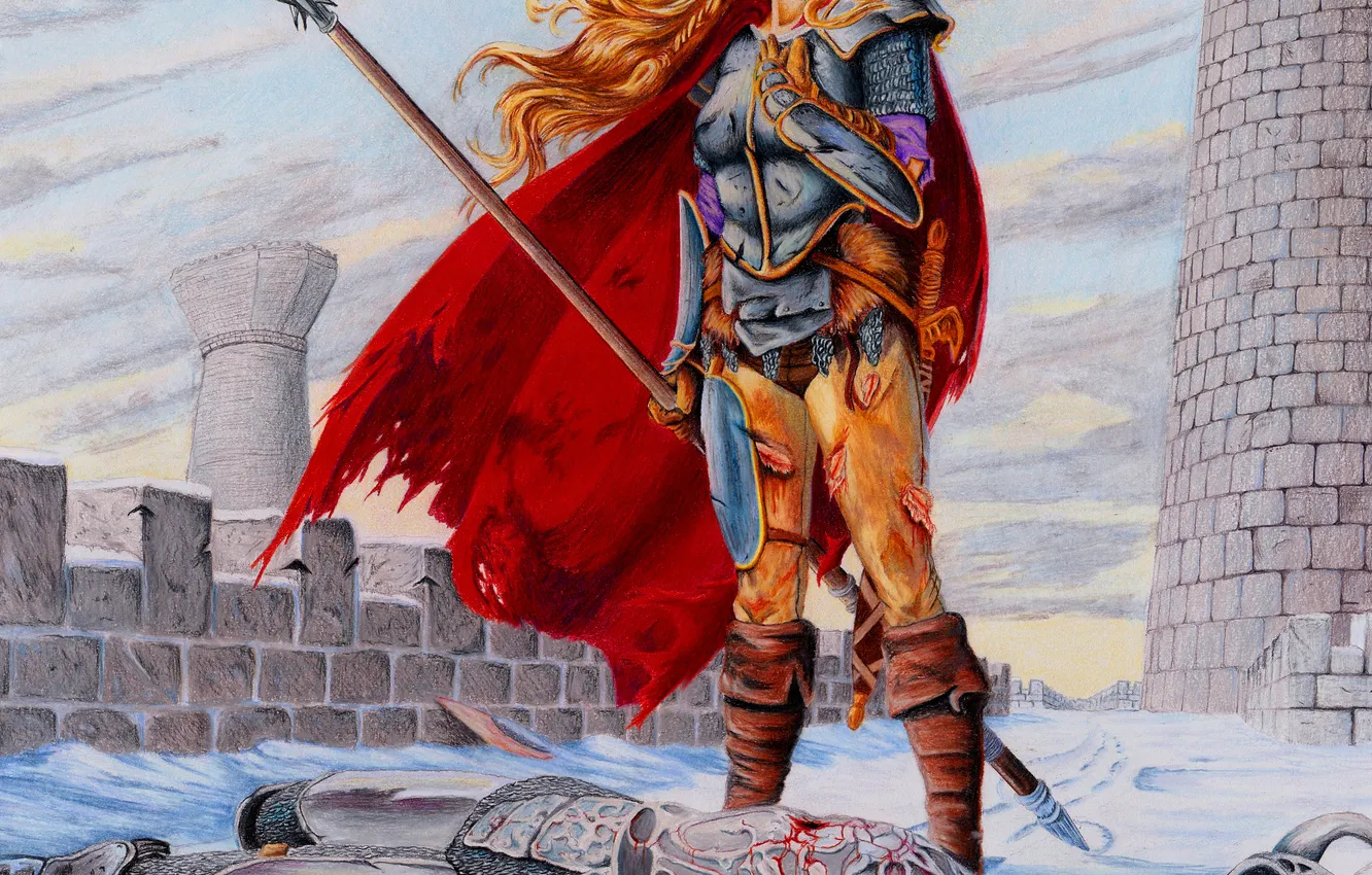 Photo wallpaper Girl, Warrior, Two, Warriors, Art, Male, Spear, The corpse