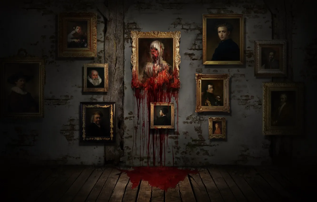 Photo wallpaper Wall, Blood, Picture, Fear, Horror, Horror, Fear, Horror