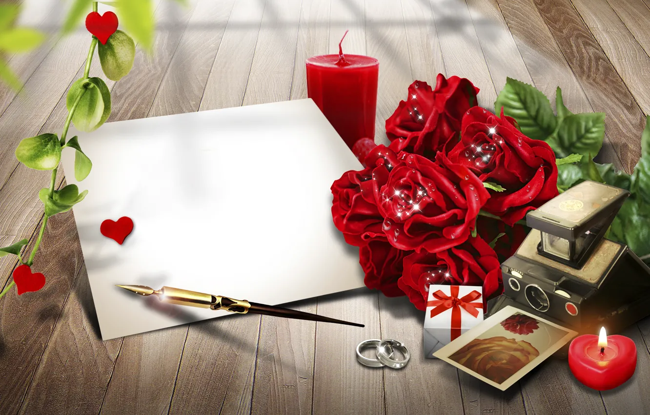 Photo wallpaper roses, Sheet, ring, candles, handle, paper