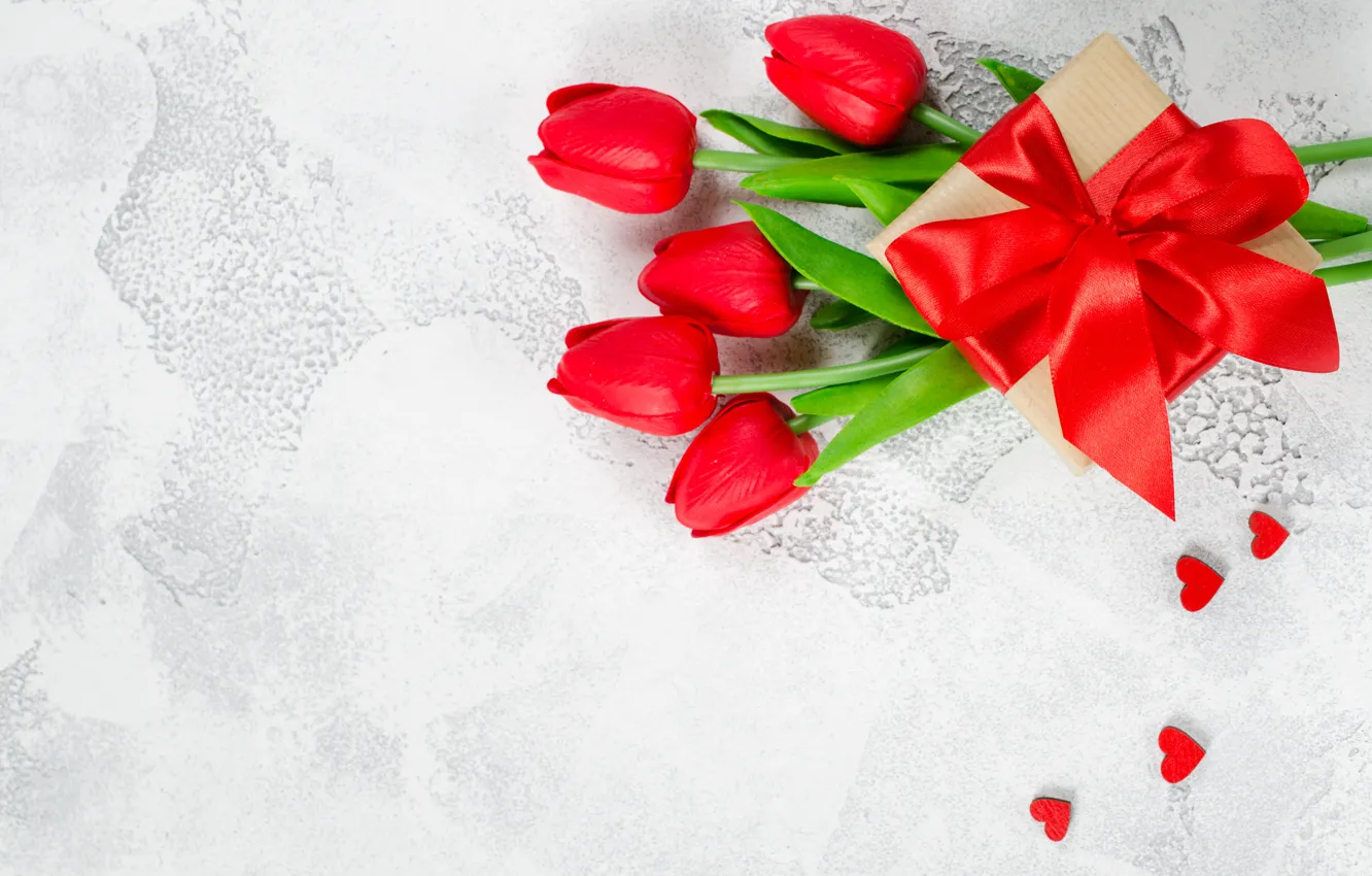 Photo wallpaper love, flowers, red, gift, bouquet, tape, hearts, tulips