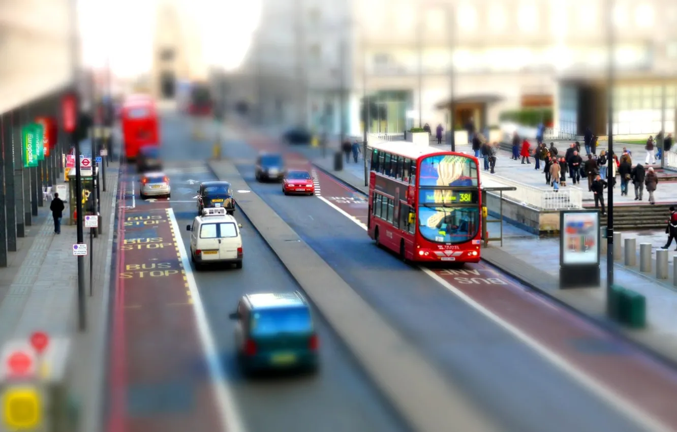 Photo wallpaper the city, street, England, London, bus, tilt shift, Double-decker
