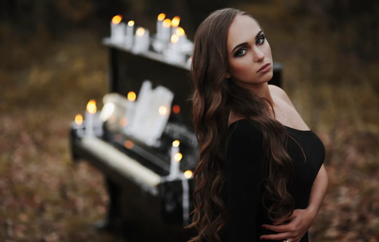 Photo wallpaper look, girl, pose, mood, candles, piano, Maria, long hair
