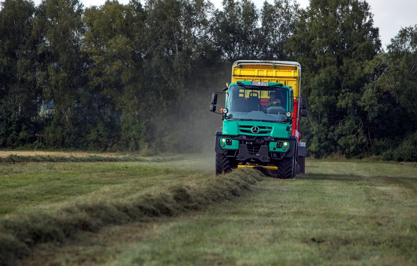 Photo wallpaper field, trees, Mercedes-Benz, agricultural machinery, Unimog