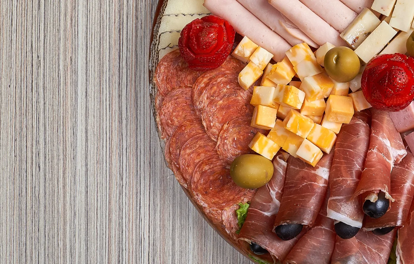 Photo wallpaper cheese, strawberry, meat, olives, sausage, cutting, cuts, ham