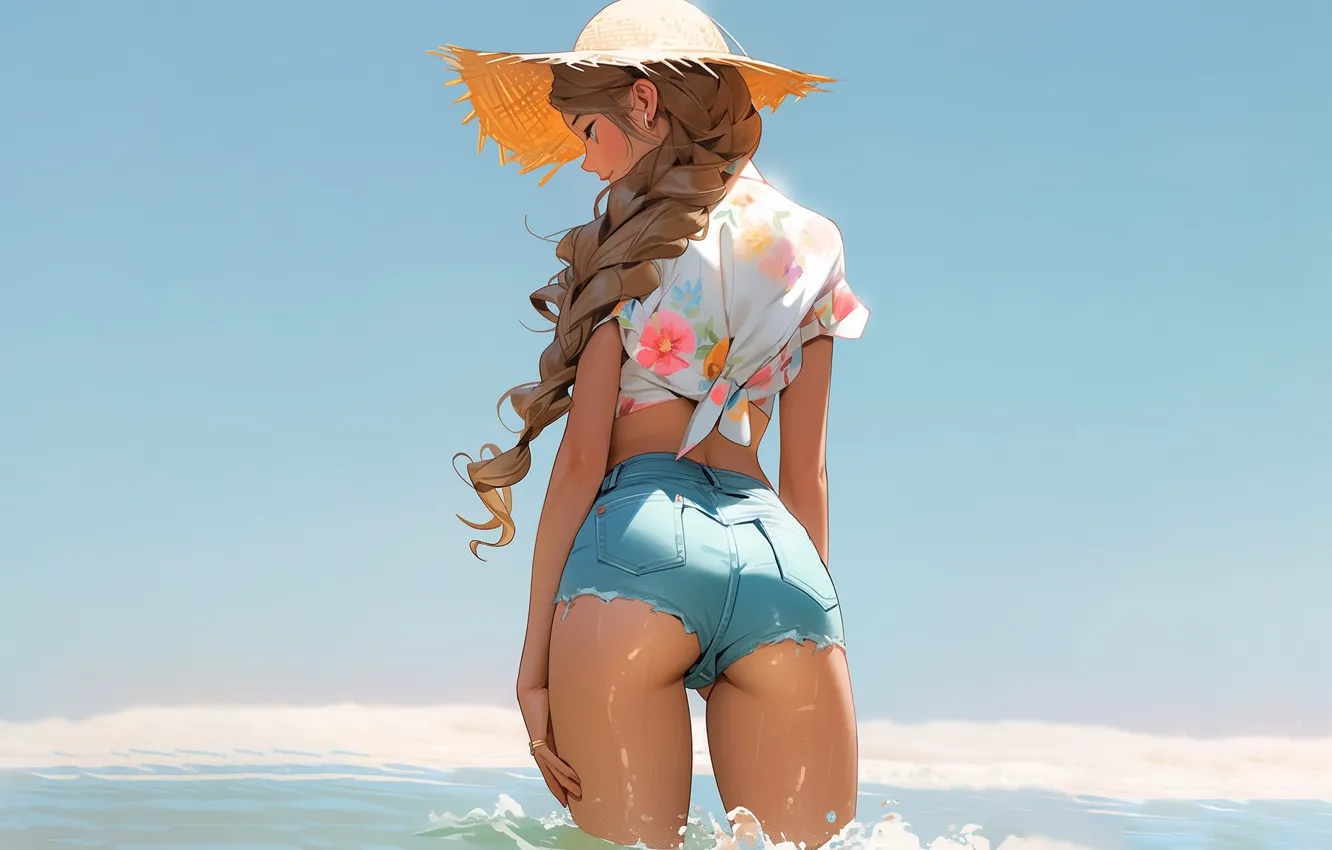 Photo wallpaper brown hair, vacation, blue sky, straw hat, denim shorts, from the back, sideways, the sea