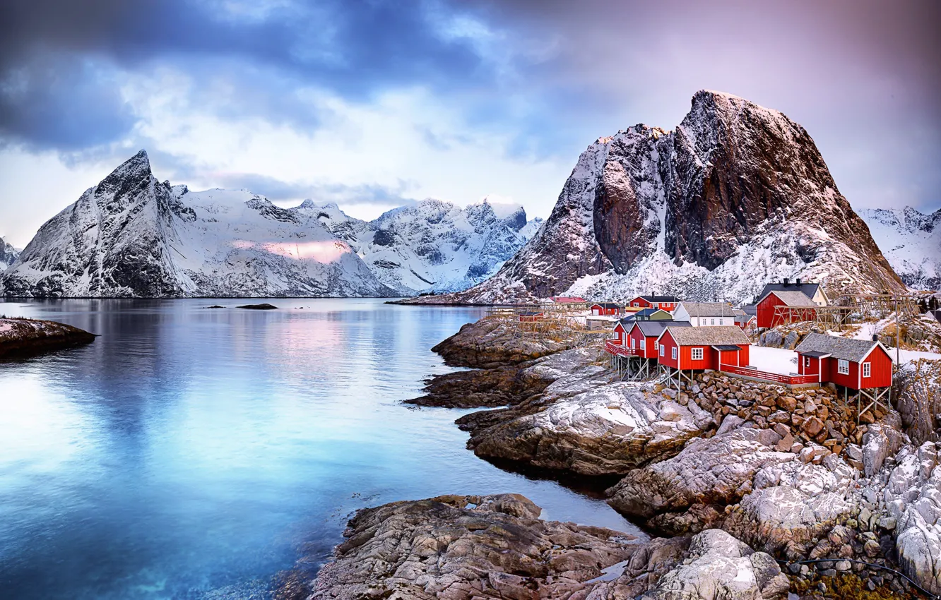 Photo wallpaper winter, mountains, rocks, Norway, town, North, settlement, The Lofoten Islands