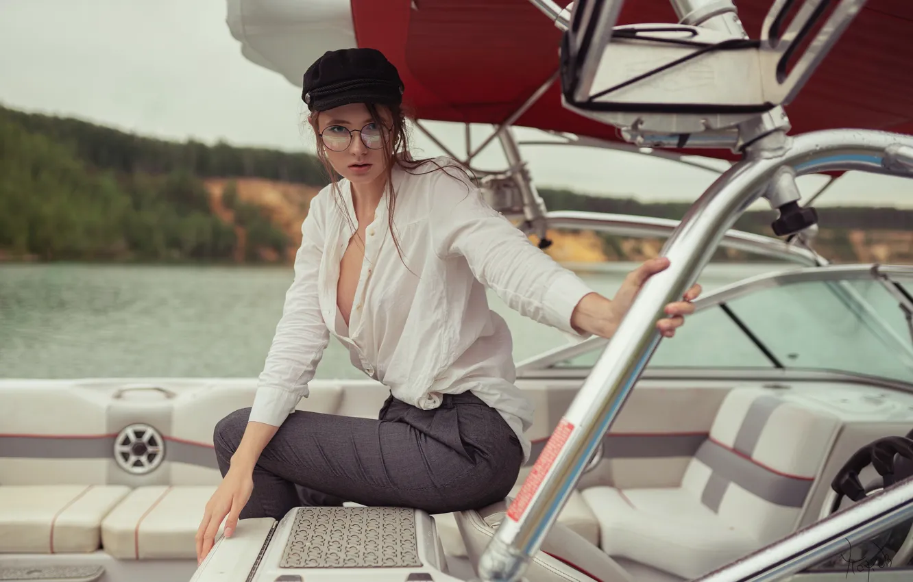 Photo wallpaper girl, pose, yacht, glasses, cap, Disha Shemetova, DISHA Shemetova, Pavel Genov