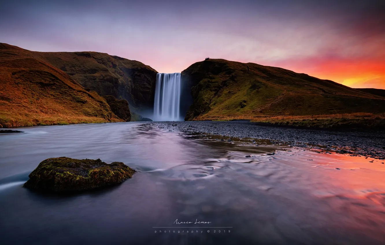 Photo wallpaper landscape, sunset, river, waterfall, Iceland