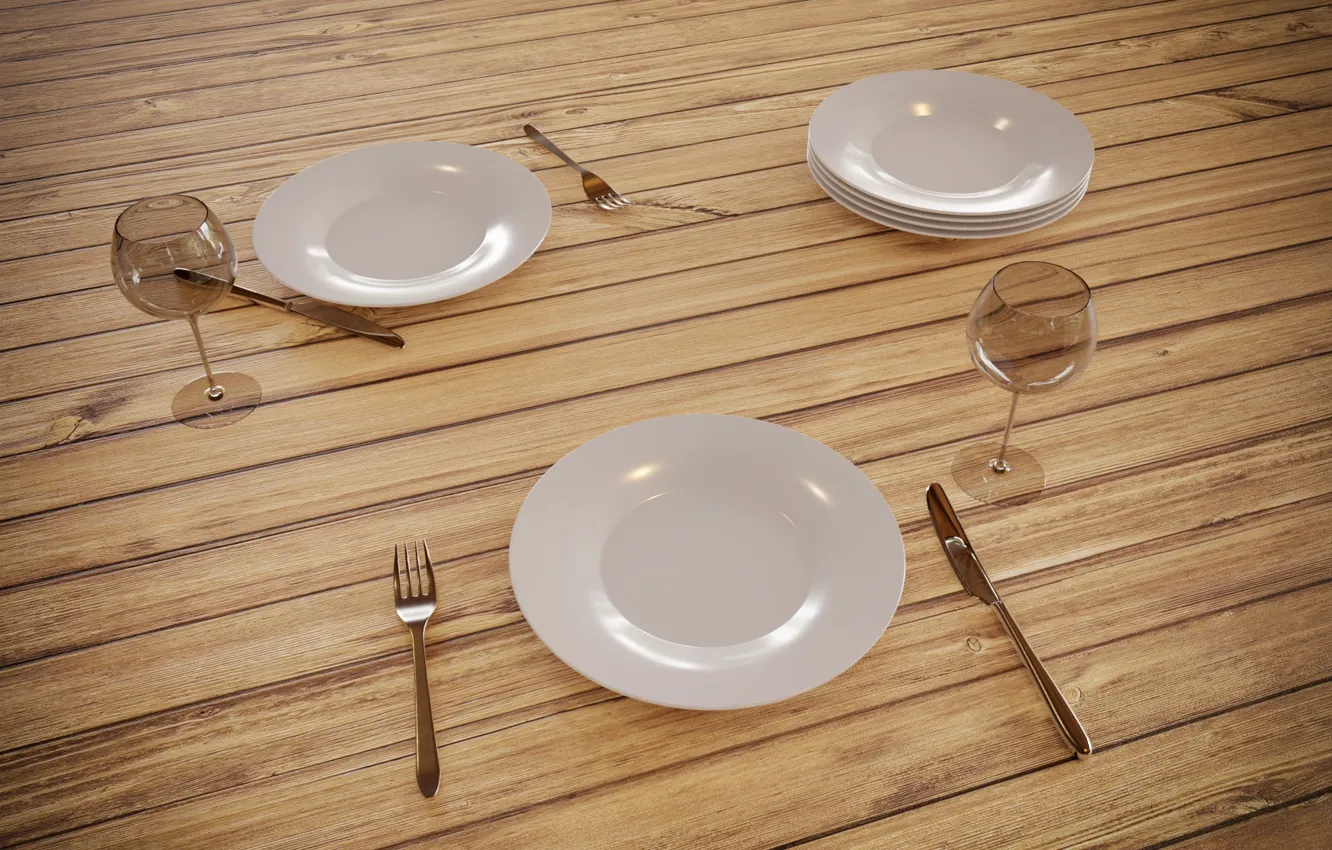 Photo wallpaper table, glass, plate, Rendering, Cutlery