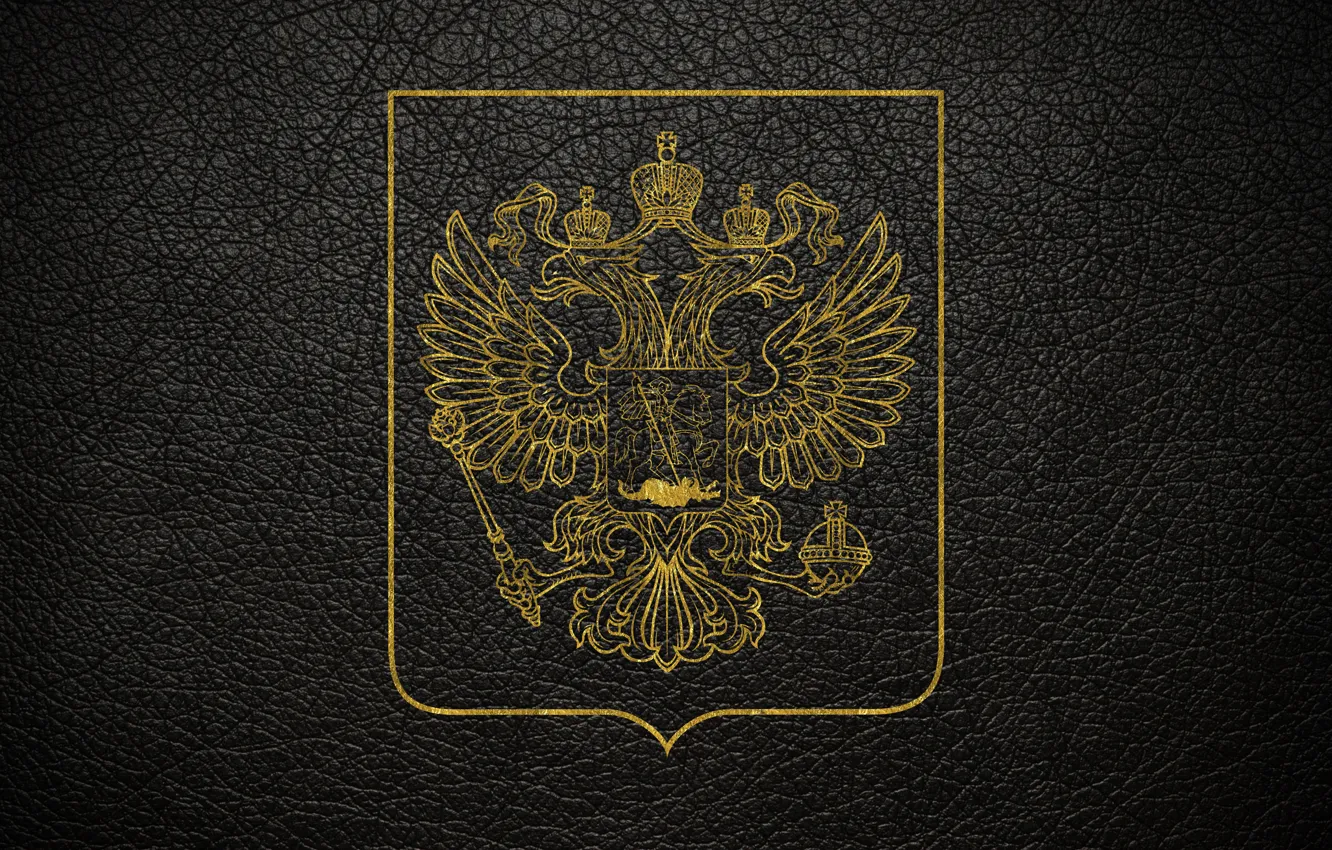 Photo wallpaper leather, gold, Russia, black background, coat of arms, the coat of arms of Russia