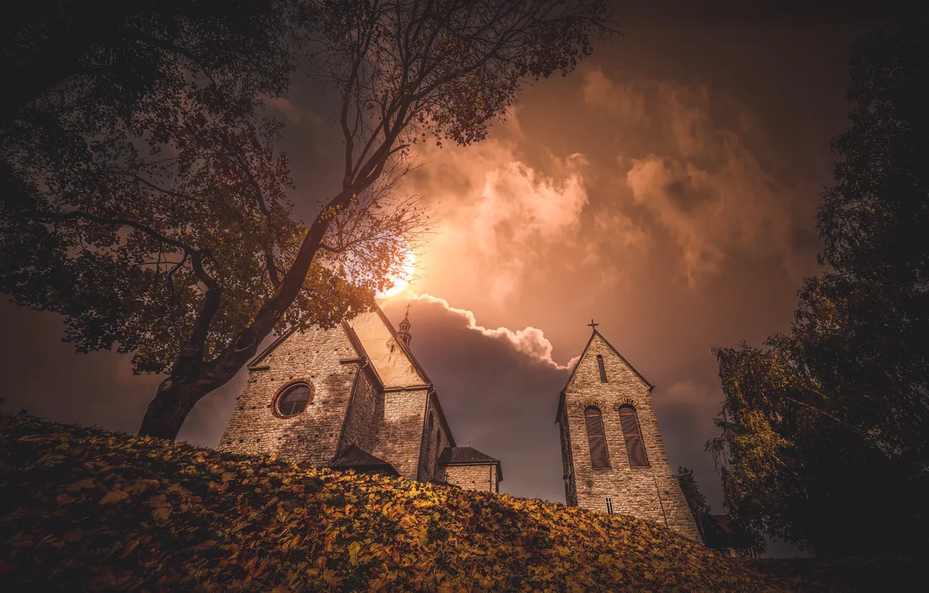 Photo wallpaper autumn, the sky, the sun, trees, sunset, hills, foliage, building