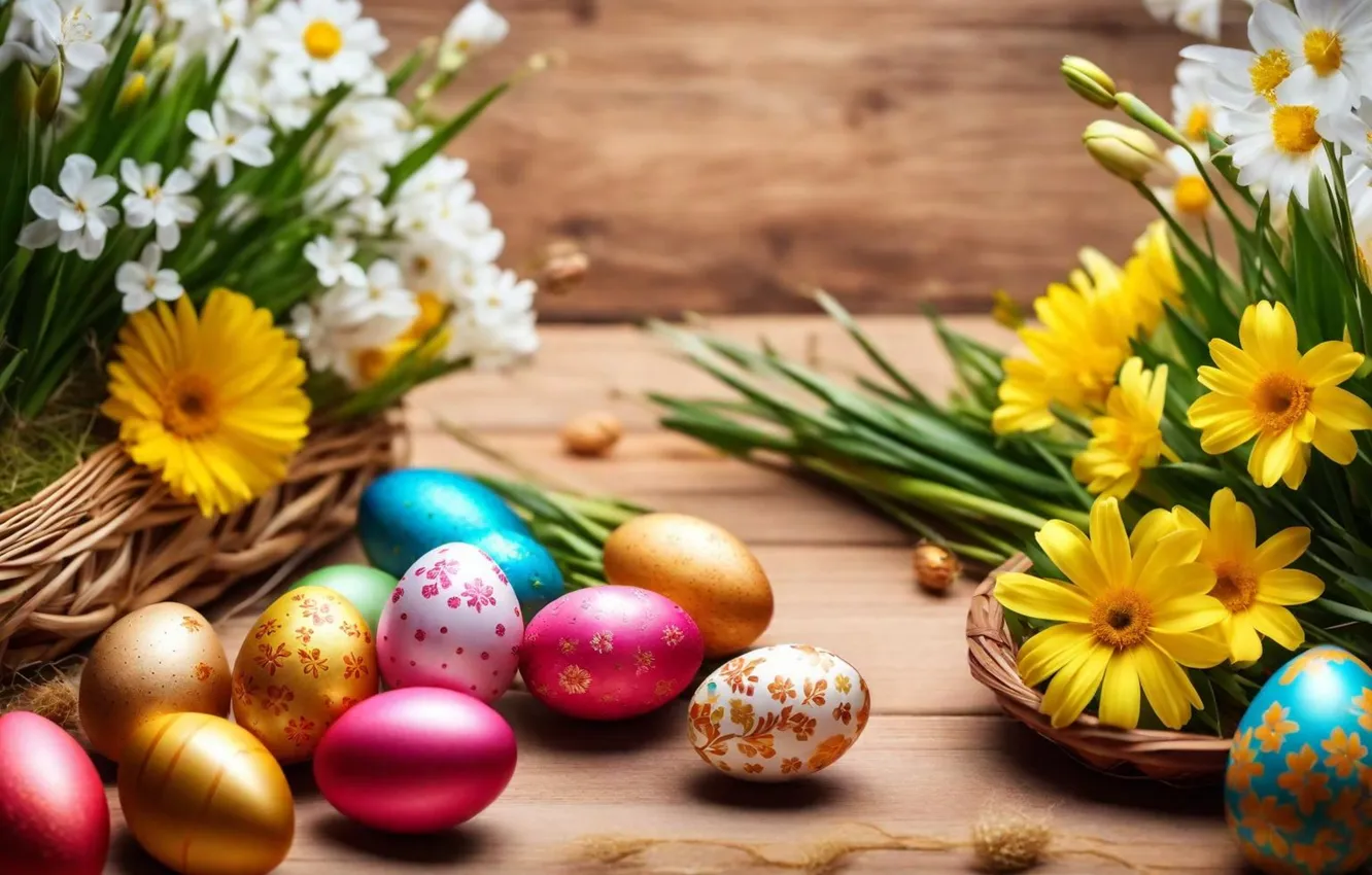Photo wallpaper flowers, eggs, spring, colorful, Easter, happy, flowers, spring