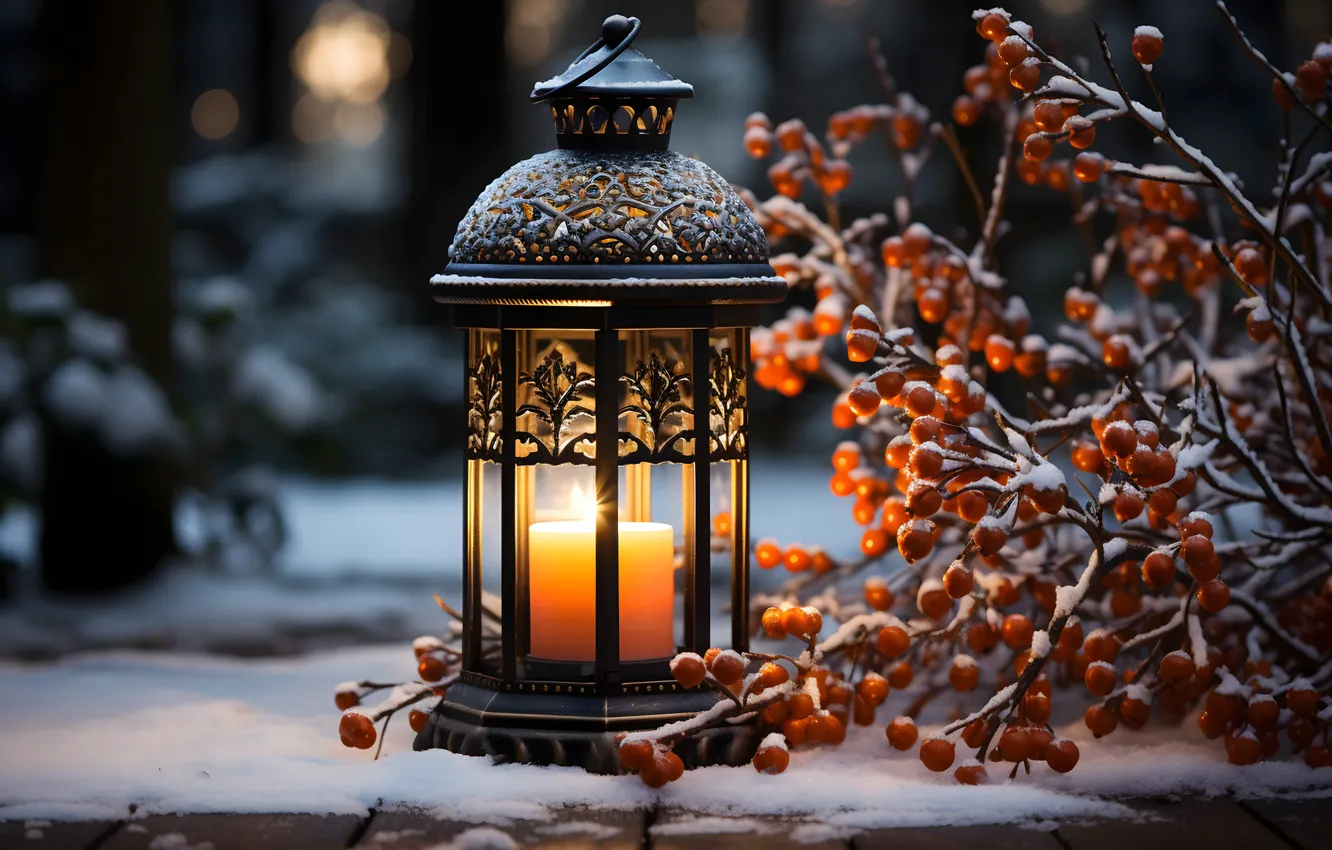 Photo wallpaper winter, snow, decoration, night, new year, Christmas, lights, light