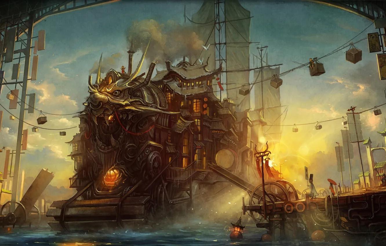 Photo wallpaper river, anime, art, port, steampunk