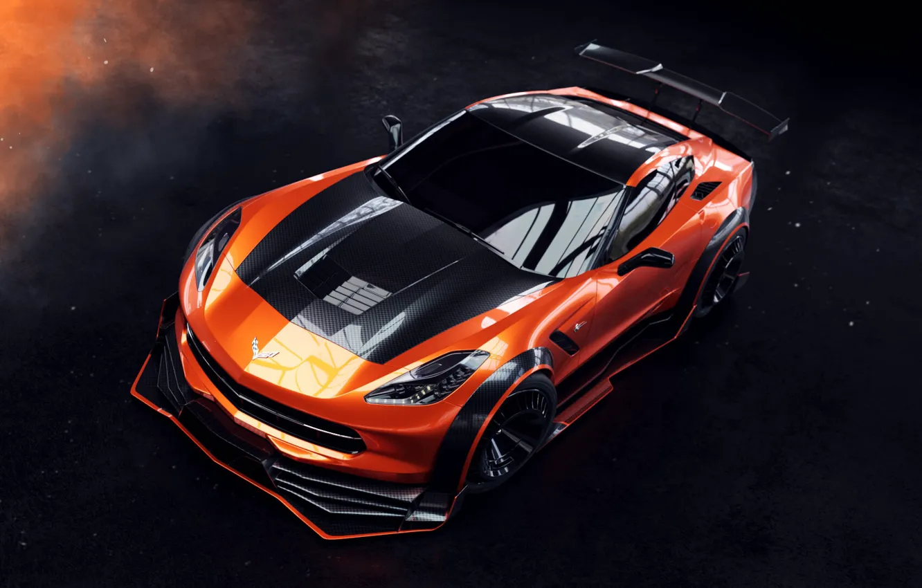 Photo wallpaper car, machine, auto, orange, rendering, Corvette, sports car, Stingray