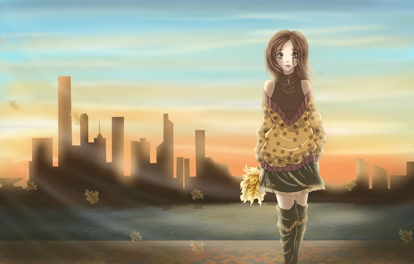 Photo wallpaper autumn, the sky, leaves, girl, the city, background, sweetheart, home