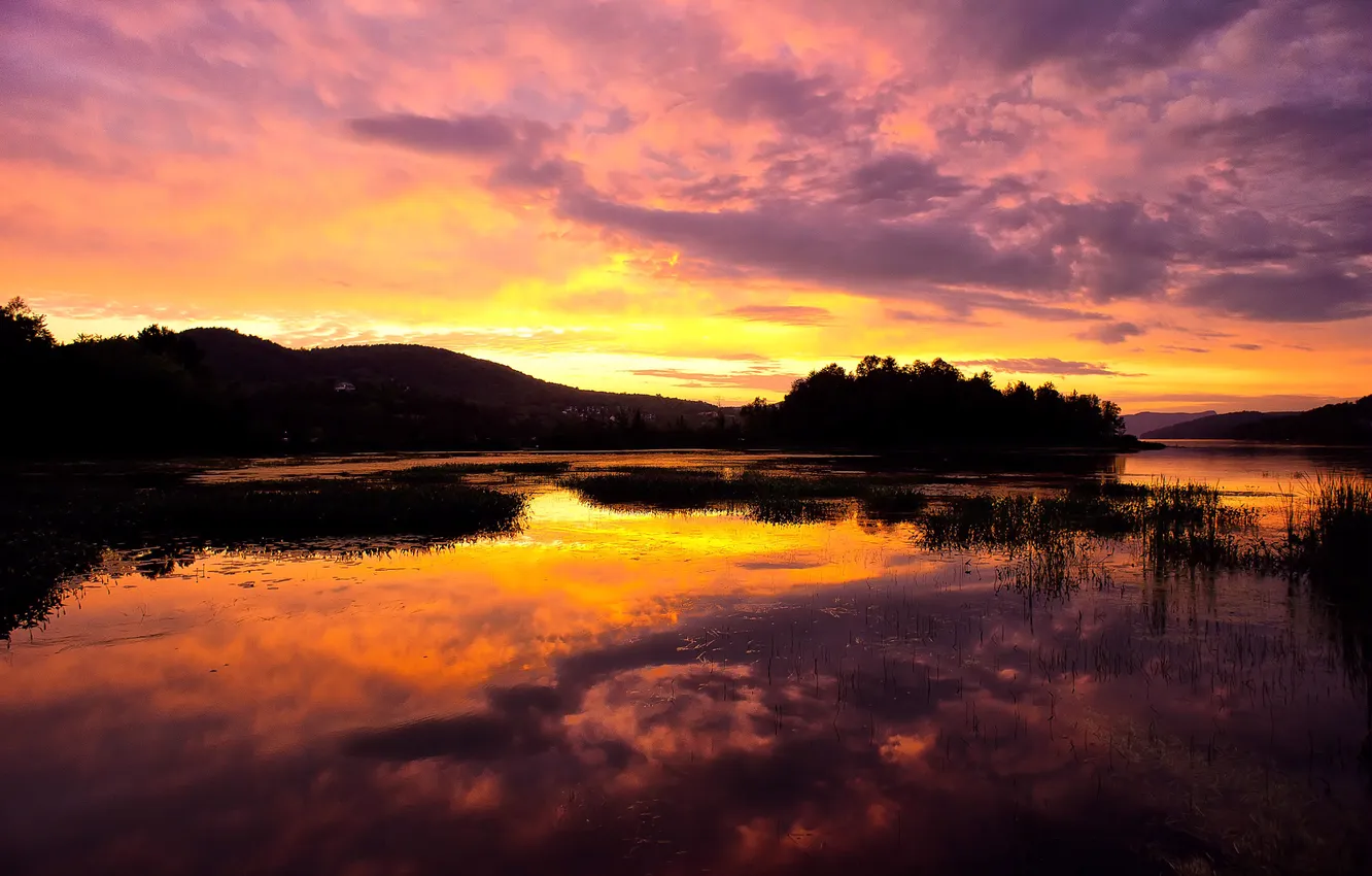 Photo wallpaper trees, sunset, lake, hills, the evening