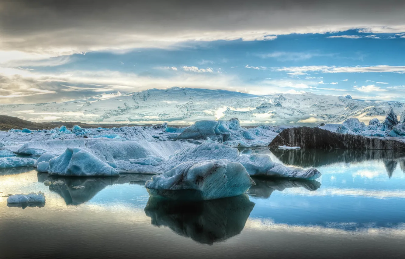 Photo wallpaper ice, sea, the sky, clouds, mountains, iceberg, ice