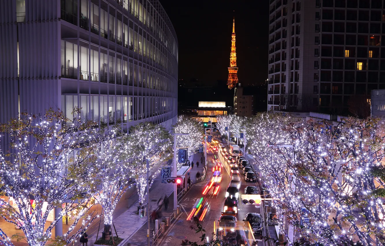 Photo wallpaper night, lights, street, tower, home, Japan, Tokyo