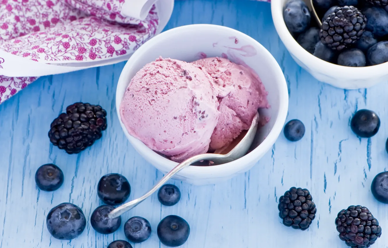 Photo wallpaper berries, food, blueberries, ice cream, sweets, dessert, food, blueberry
