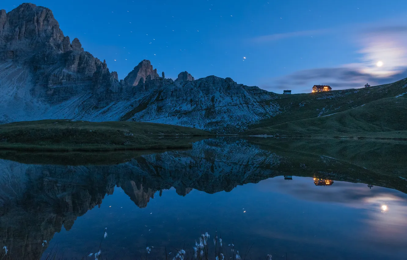 Photo wallpaper clouds, light, mountains, night, lights, lake, reflection, blue