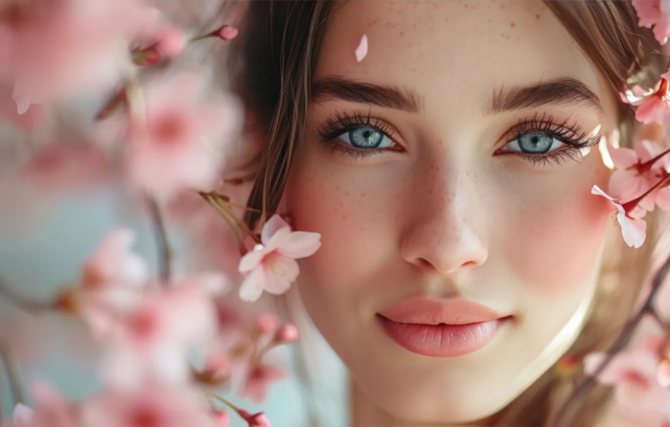 Photo wallpaper look, girl, flowers, face, eyelashes, smile, portrait, spring