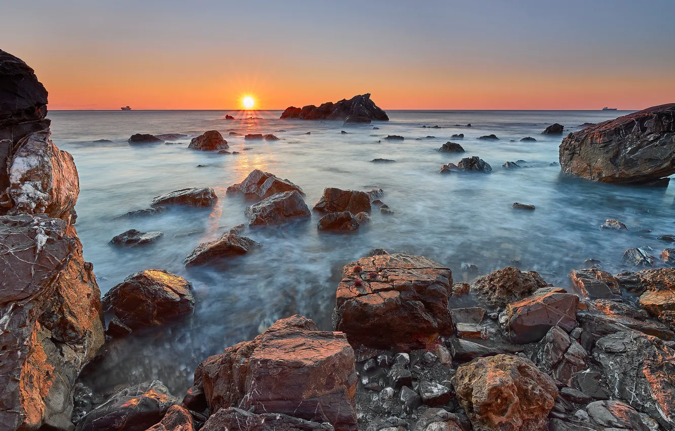 Photo wallpaper sea, the sky, the sun, rays, landscape, sunset, nature, stones