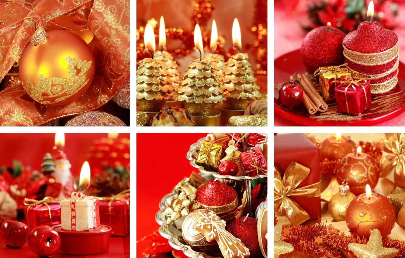 Photo wallpaper decoration, red, holiday, collage, new year, candles, gold plated