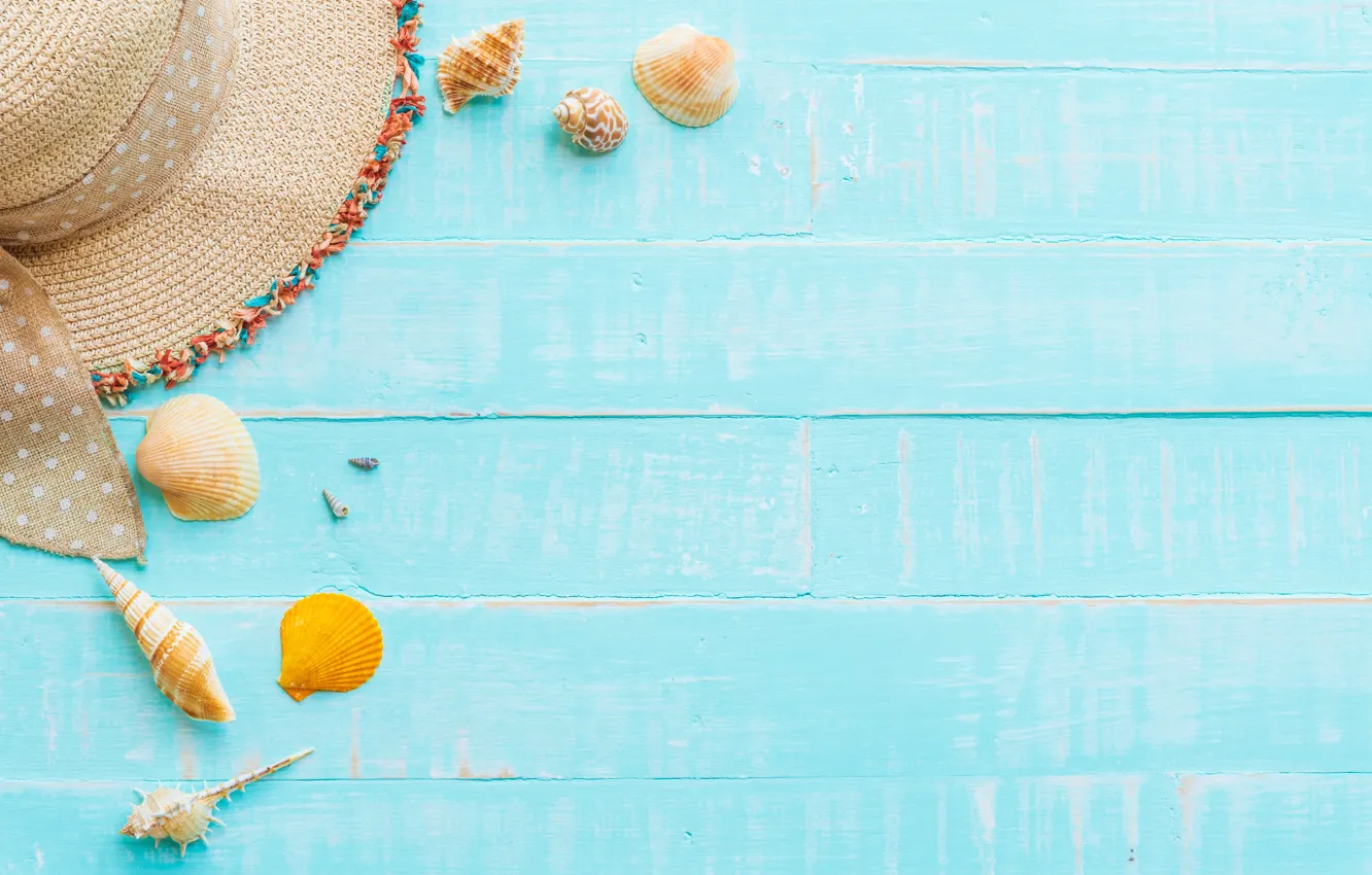 Photo wallpaper beach, summer, Board, hat, shell, summer, beach, wood