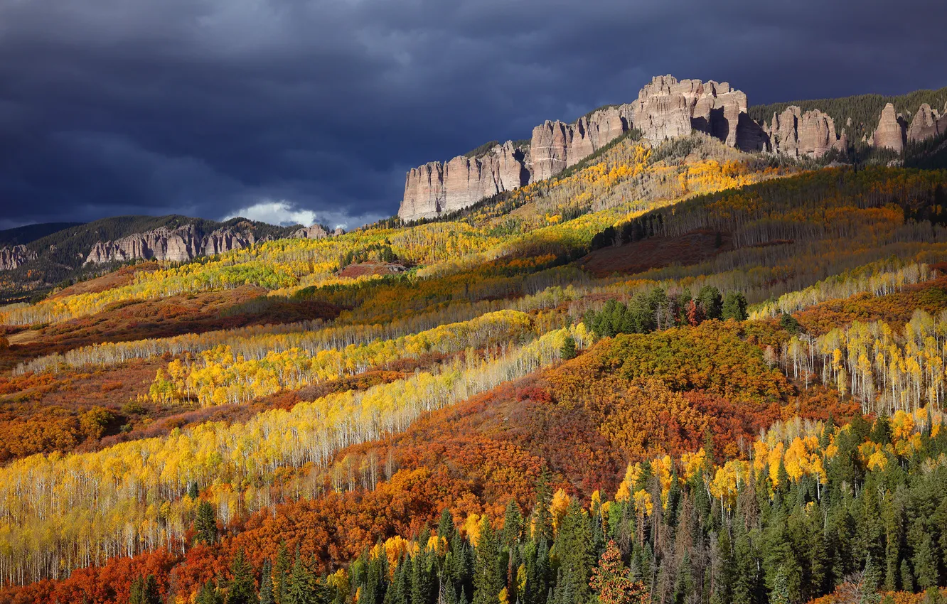Photo wallpaper autumn, forest, bright colors, mountains, clouds, rocks, tops, USA