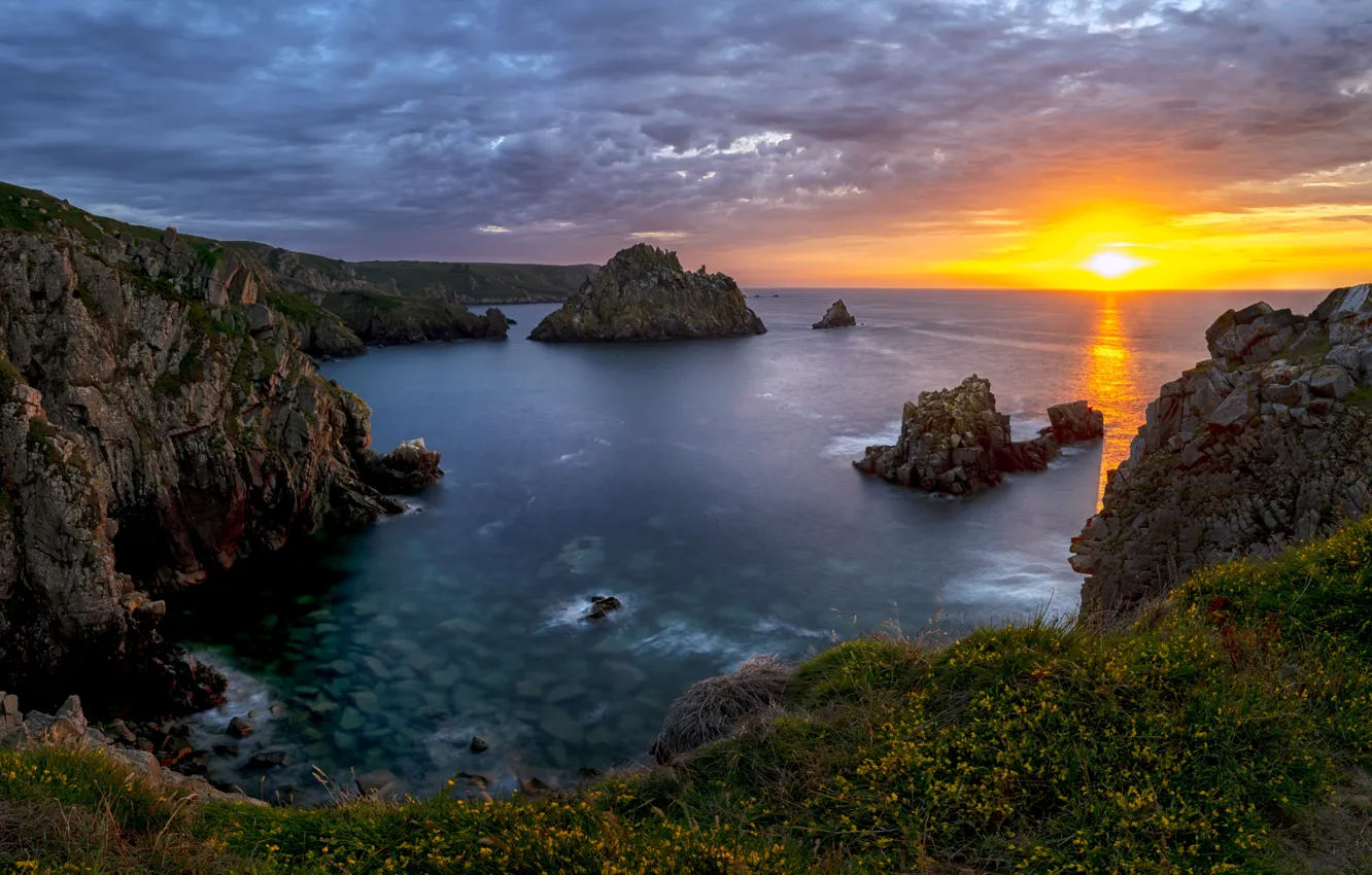 Photo wallpaper sea, sunset, rocks, dal, panorama, solche