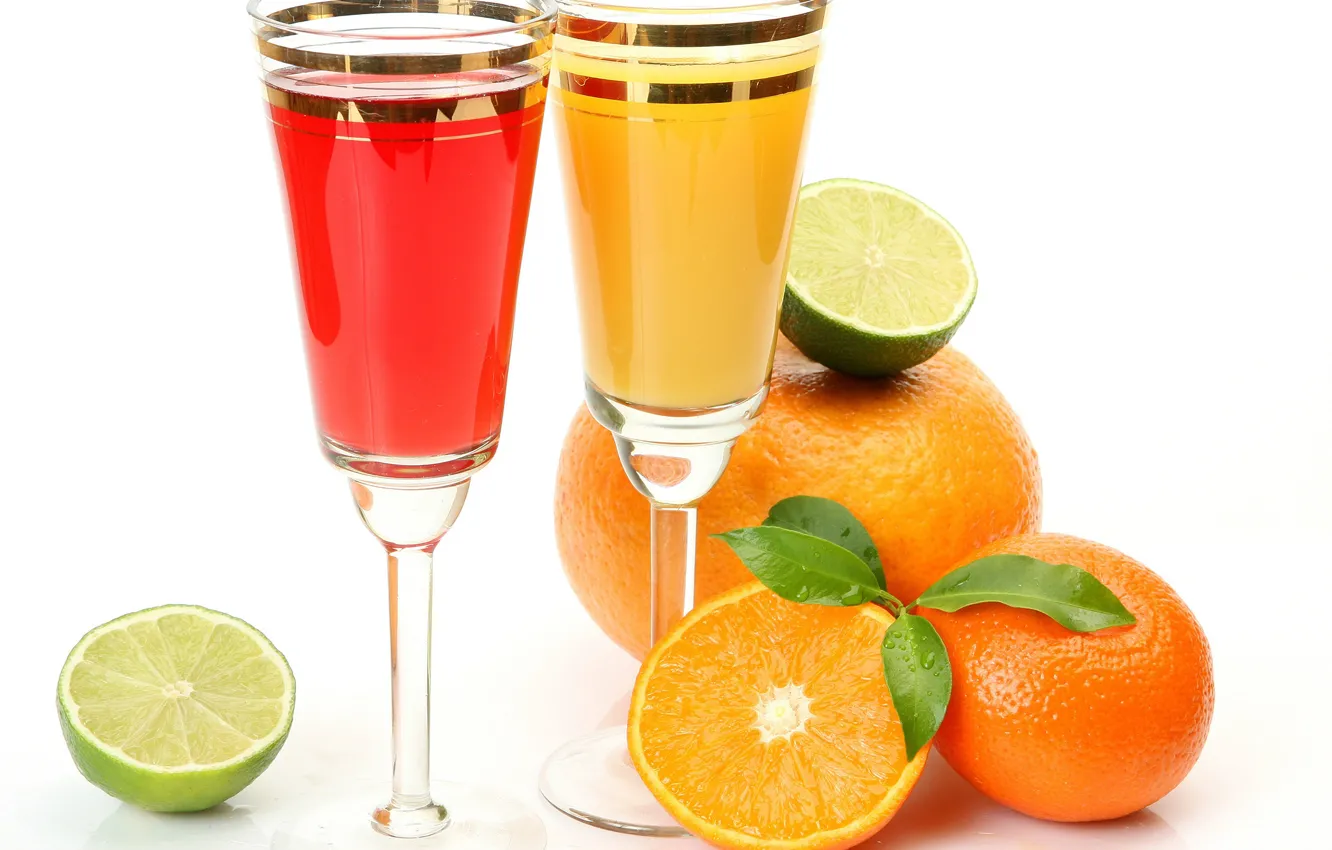 Photo wallpaper oranges, glasses, juice, lime, drink, citrus