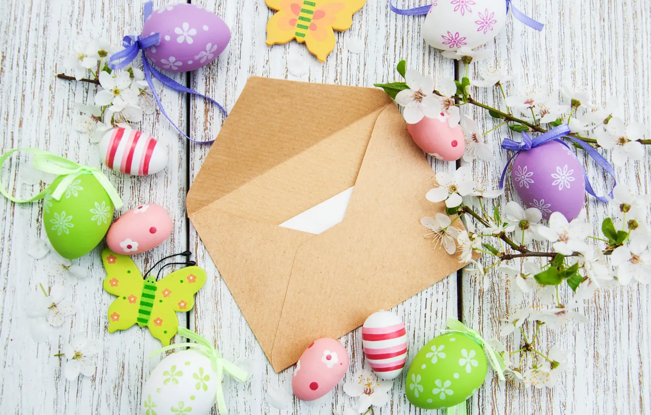 Photo wallpaper flowers, eggs, spring, colorful, Easter, wood, blossom, flowers