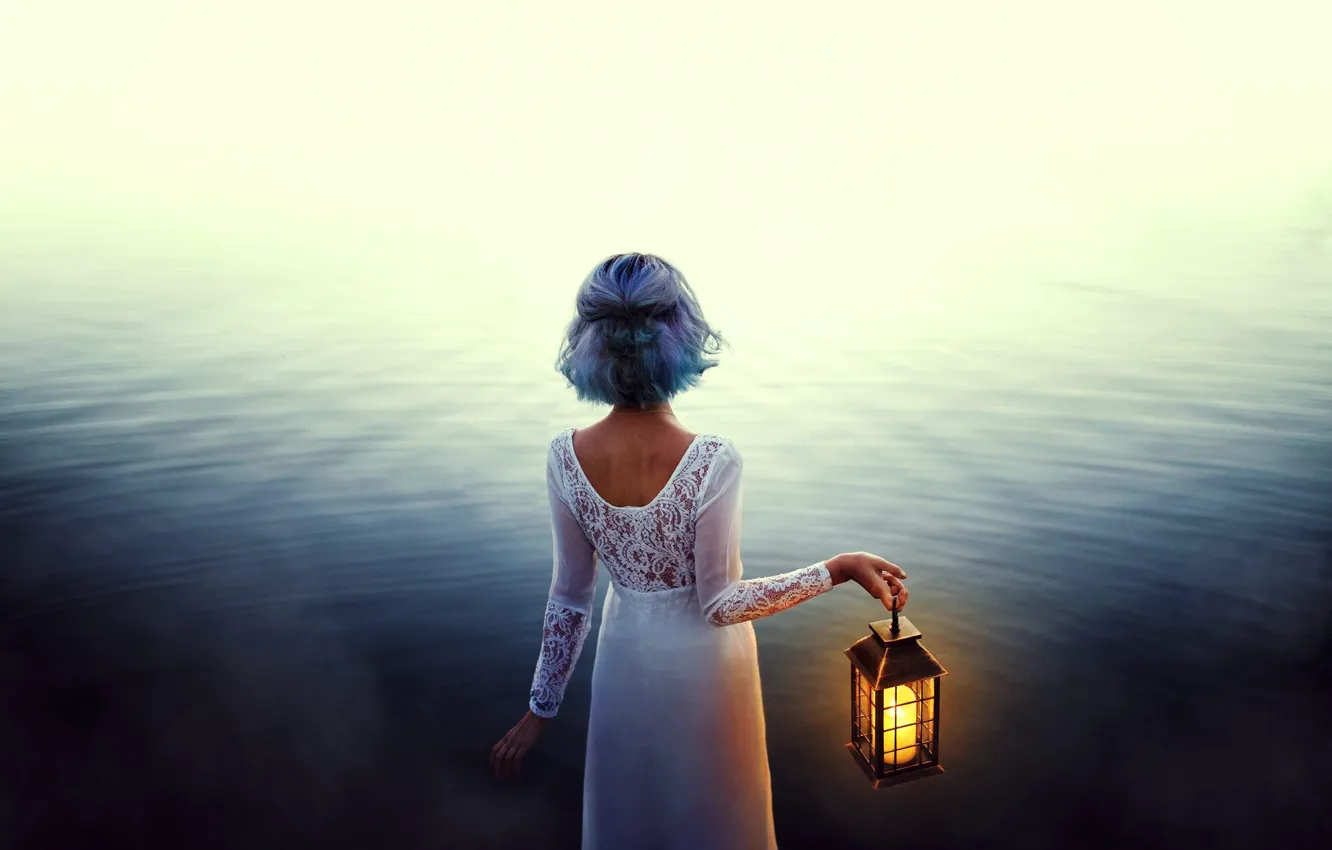 Photo wallpaper water, girl, mood, dress, lantern, blue hair, Valentina Diaz